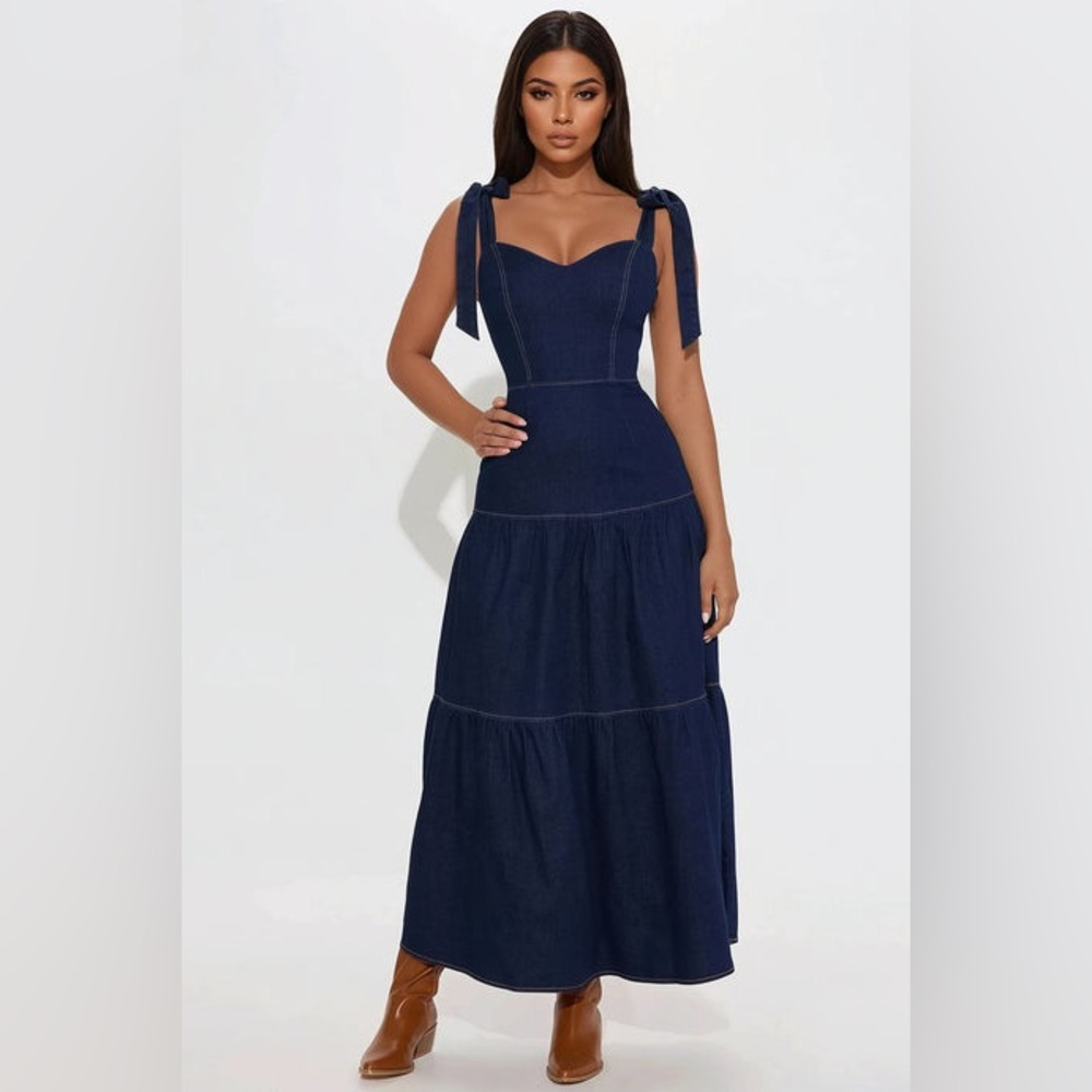 NWT FASHION NOVA Imelda Denim Maxi Dress - Dark Wash - Picture 2 of 8